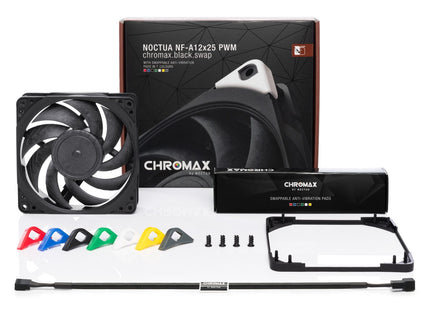 Noctua NF-A12x25 PWM chromax.black.swap - Product met verpakking en inhoud