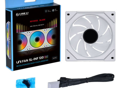 Lian Li UNI FAN SL-INF 120 ARGB Reverse Blade Wit - Verpakking met inhoud