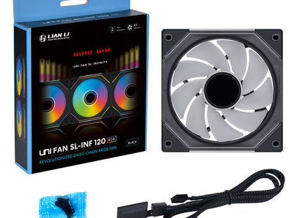 Lian Li UNI FAN SL-INF 120 ARGB Reverse Blade Zwart - Verpakking met inhoud