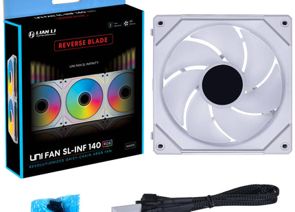 Lian Li UNI FAN SL-INF 140 ARGB Reverse Blade Wit - Verpakking met inhoud