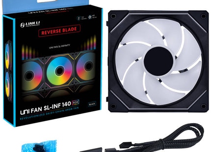Lian Li UNI FAN SL-INF 140 ARGB Reverse Blade Zwart - Verpakking met inhoud
