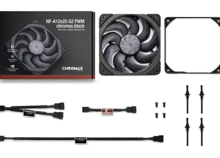 Noctua NF-A12x25 G2 PWM chromax.black - Verpakking met inhoud