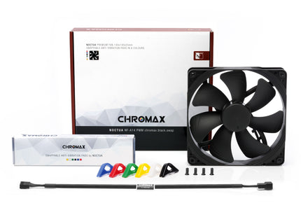 Noctua NF-A14 PWM Chromax.Black.Swap - Product met verpakking en inhoud