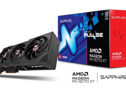 Sapphire Pulse Radeon RX 9070 XT - Product met verpakking en AMD logo